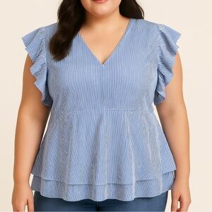 Vineyard Vines blue striped ruffle peplum blouse size XL